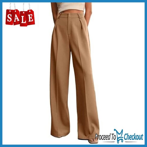 Wide Leg High Waist Work Pants Polyester Spandex Office Business Casual - Picture 2 of 8